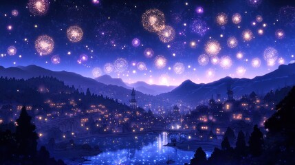 Magical village night scene with fireworks display over lake