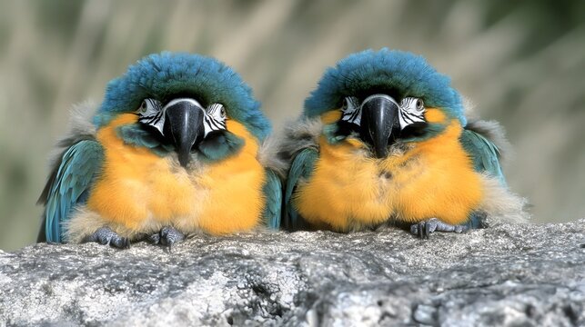 Two Adorable Blue-and-Gold Macaw Parrots Sitting on a Rock
