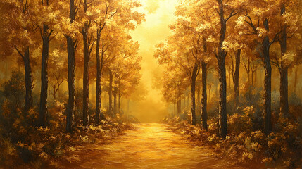 Obraz premium Golden autumnal forest path bathed in warm sunlight. Trees line a pathway, leaves ablaze with gold and amber hues