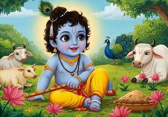 Fototapeta premium Adorable Baby Krishna with Cows and Peacock