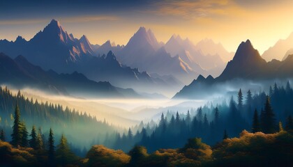 Obraz premium mountain landscape with forest morning haze illustration panoramic view