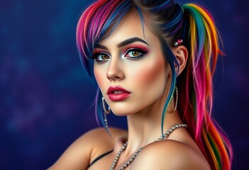 Obraz premium Edgy female portrait with rainbow hair and bold makeup