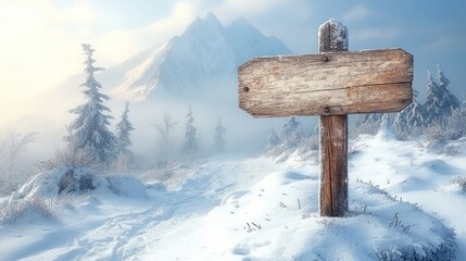Naklejka premium Winter landscape with a wooden signpost