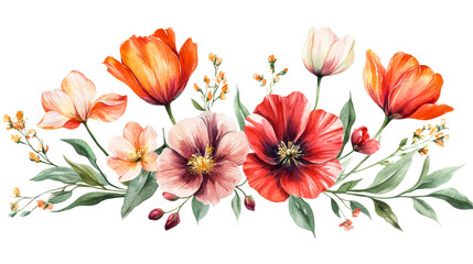 Watercolor floral arrangement with poppy and tulip blooms, cut out transparent