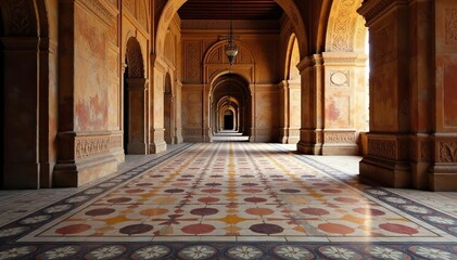 Obraz premium Repeating geometric tile floor in ancient building, illustration, art, detail