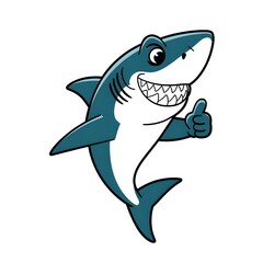 Fototapeta premium A smiling shark giving a thumbs-up, embodying fun and friendliness. The shark has sharp teeth, is grinning, and offers a gesture of approval. This friendly creature is ready to charm