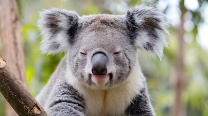 Obraz premium Close-up portrait of a cute koala bear sitting on a branch with a relaxed expression