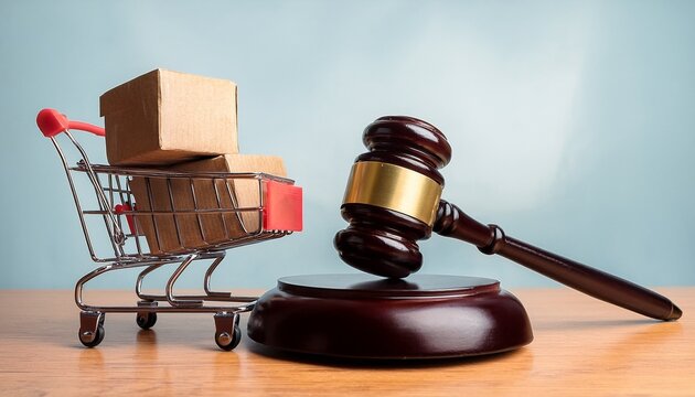 judge gavel and shopping cart with boxes on wood table concept of consumer rights responsibilities to safety customer protection commercial law in retail e commerce online shopping