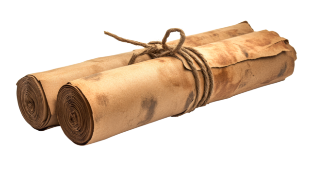 Aged scroll tied with twine, cut out transparent