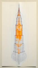 Fototapeta premium Architectural drawing of a tall skyscraper, rendered with pale colors and intricate details. The building's structure is emphasized, with a light-orange hue highlighting interior spaces