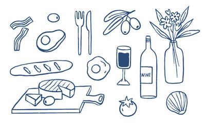 Hand draw breakfast doodles food. Food and coffee icons, crayon style, Italian la dolce vita