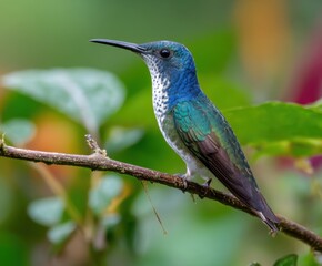 Fototapeta premium A female hummingbird, White-throated Jacobin, perched on a branch in a tropical forest, Florisuga mellivora