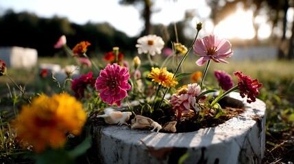 Colorful flowers bloom from a concrete structure outdoors, sunlight dappling the scene