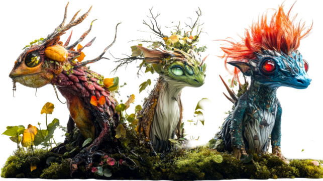 Three fantastical creatures with natural elements, cut out transparent