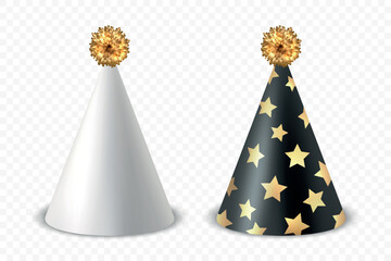 Vector 3d Realistic Birthday Party Hat Icon Set Isolated. Party Cap Design Template for Party Banner, Greeting Card. Holiday Hats, Cone Shape, Front View