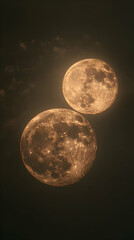 Two moons against a dark sky. Close view reveals craters and shadows