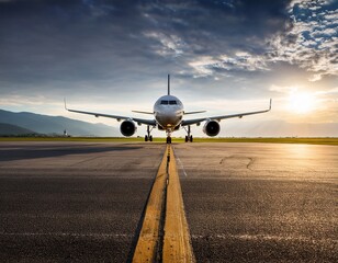 Obraz premium airplane is positioned on the runway awaiting take off