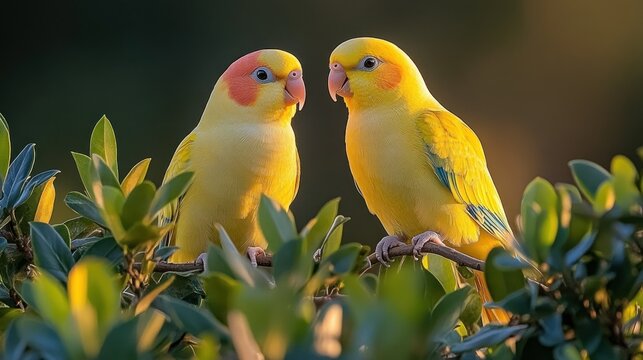 Two yellow parakeets perched on branch