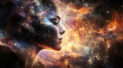 Cosmic woman face in dreamlike universe