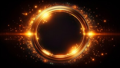 shining circle with orange sparkles and glowing lights on black background