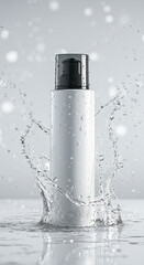 Hydrating Skincare: White Serum Bottle in Water Splash. Refreshing Beauty Product, Clean & Pure. Natural Hydration for Radiant Skin!