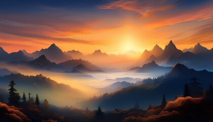 sunrise in the mountains morning haze and fog sun over the peaks illustration