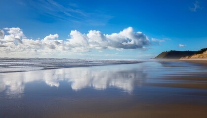 Obraz premium scenic oregon coast reflecting blue sky and fluffy white clouds on wet sand