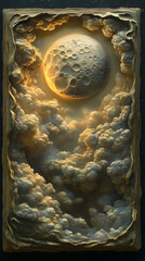 Detailed bas-relief of a moonlit sky, with textured clouds and a large, illuminated moon