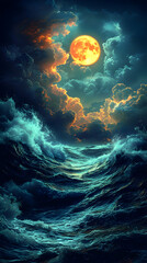 Fototapeta premium Dramatic seascape under a vibrant, full moon. Clouds are ablaze with orange hues