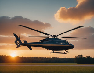 .The helicopter flies in the sky against the background of sunset.