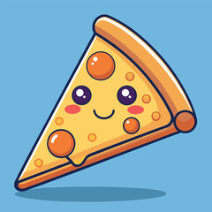 Cute smiling slice of pizza with pepperoni and cheese on a light blue background Generative AI