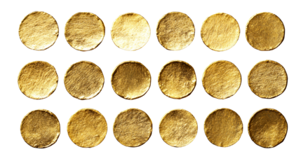 Shiny golden coins arranged in rows, treasure concept, cut out transparent