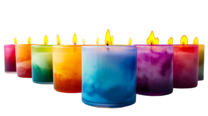 Colorful wax candles arranged in row with burning wicks, cut out transparent
