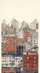 Urban winter cityscape,  many apartment buildings of varying colors and sizes