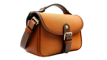 Orange satchel with brown leather strap and buckle, cut out transparent