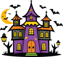 Colorful Haunted House with Bats and Moon – Halloween Cartoon Illustration