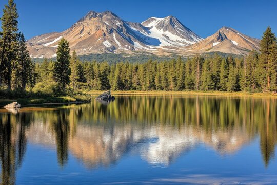 Serene mountain lake reflecting snow-capped peaks under a clear blue sky (1)