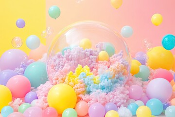 Pastel-colored balloons and bubbles in a clear sphere, creating a whimsical, joyful scene. Soft, fluffy clouds of vibrant colors