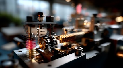 Detailed close-up of complex metallic gears, cogs, and machinery in an industrial setting