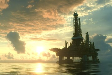 Offshore oil rig extracting fossil fuels from the ocean, silhouetted against a vibrant sunset sky. Colorful clouds and shimmering water create a stunning seascape at twilight