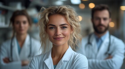 Medical Team of Doctors in Modern Laboratory Looking at Camera