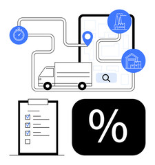 Delivery truck on mapped route, checklist for tasks, and percentage symbol representing cost efficiency. Ideal for logistics, delivery, planning, efficiency, organization, navigation business