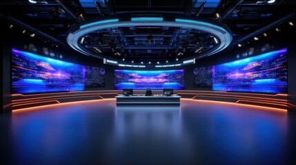 Futuristic virtual studio set with high tech digital displays