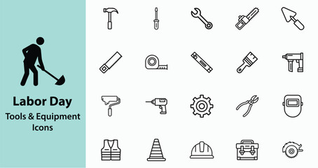 Tools & Equipment Icons set on white background. Labor Day icon illustration.
