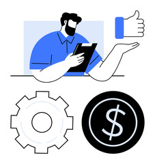 Man holding clipboard, thumbs-up for approval, gear for settings, dollar icon for finance. Ideal for productivity, evaluation, success, financial planning, workflow improvement process design