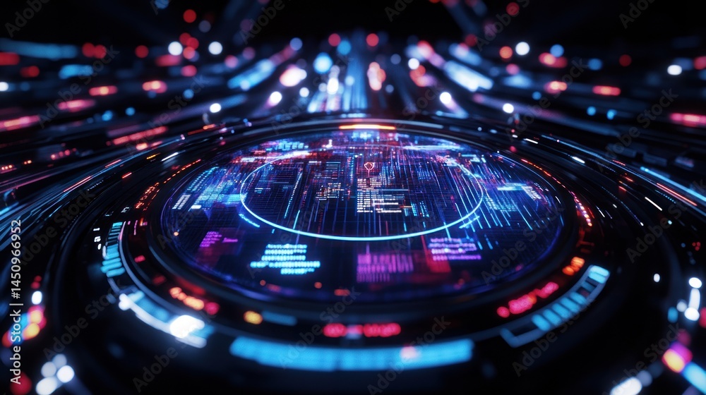 Poster futuristic circular data interface with digital code visualization
