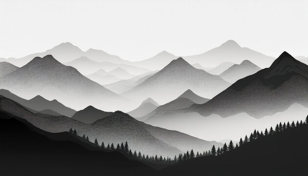 mountain ranges in the morning haze black and white landscape noisy stippled grainy texture gradient