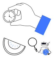 Hand holding clock representing time management. Magnifying glass, robot analyzing data, and watermelon slice symbolize analysis, productivity, automation. Ideal for business, technology, efficiency