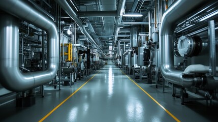 Industrial hallway with metal pipes and machinery