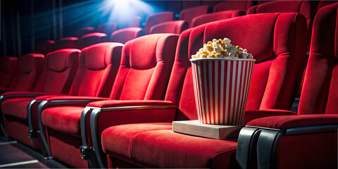 Fototapeta premium Red velvet cinema seats are arranged in rows, with a large bucket of popcorn placed on a tray in the foreground. Bright light creates an inviting atmosphere for movie lovers